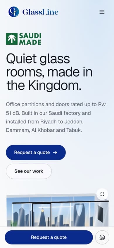 Glass Line home page on mobile