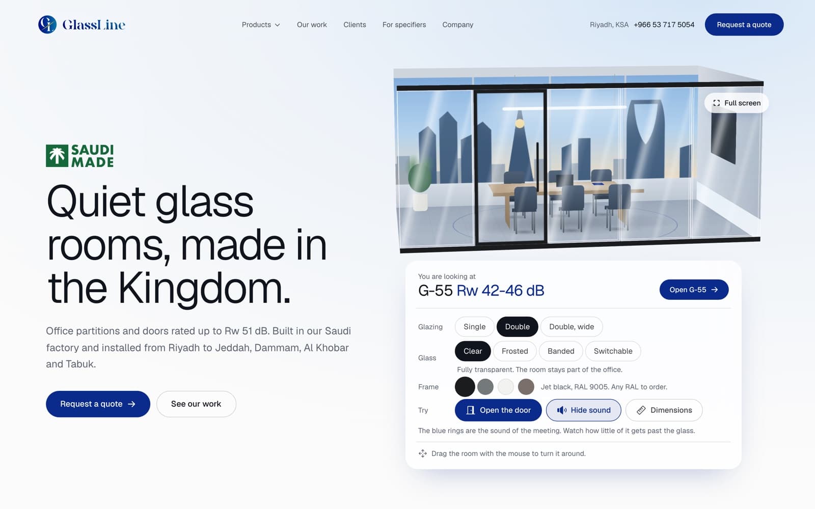 Glass Line website with its 3D glass meeting-room configurator on desktop