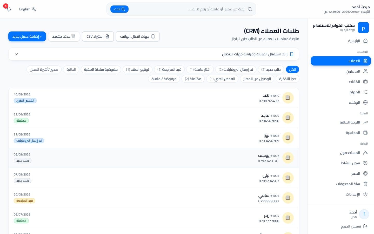 طلبات العملاء في كوادر مُصنَّفة حسب مرحلة سير العمل، ببيانات مكتب تجريبي