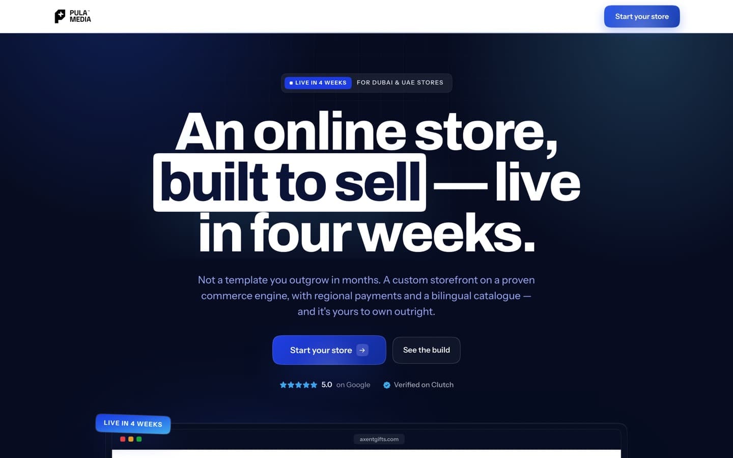 Pula Media’s own landing page for its online store offer, opening with “An online store, built to sell”