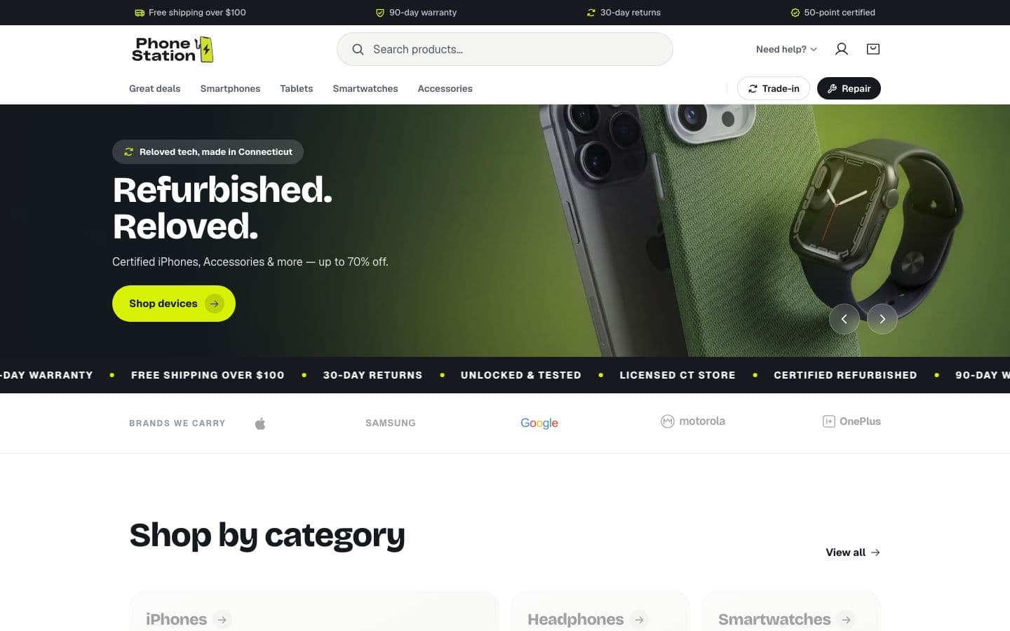 Phone Station storefront with hero slider and category grid